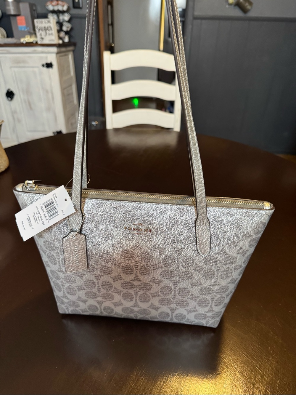 Coach Signature Metallic Silver Tote